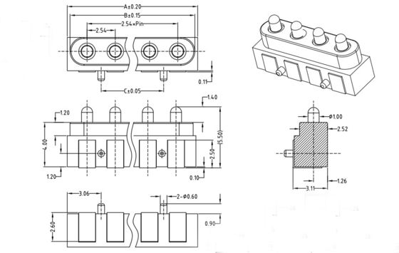 Side Mounted Spring Loaded Connector Customized Pogo Pin Connectors 2.54mm Pitch